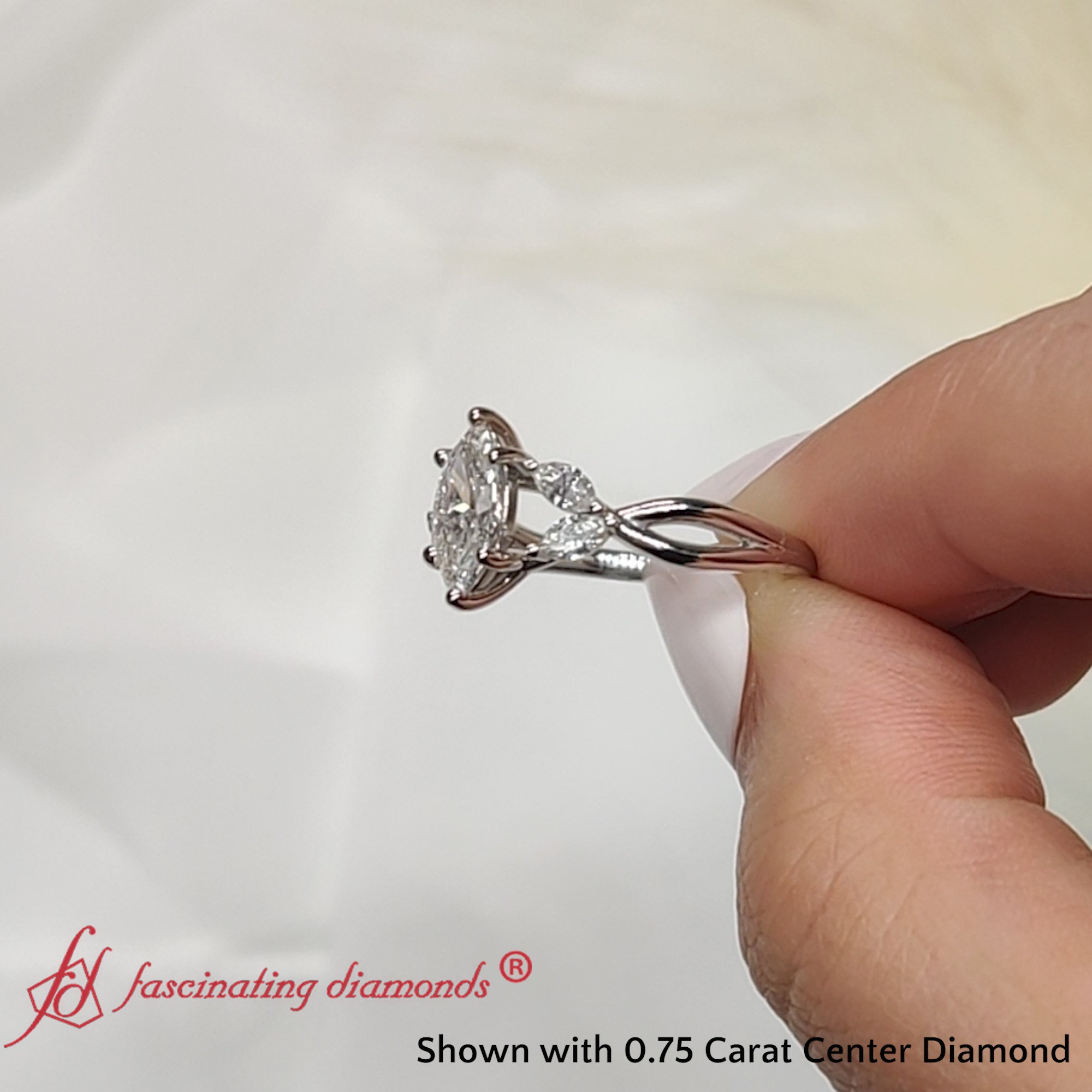  0.75 Carat Marquise Cut Twisted Petal Lab Diamond Ring with White Diamond 18K White Gold