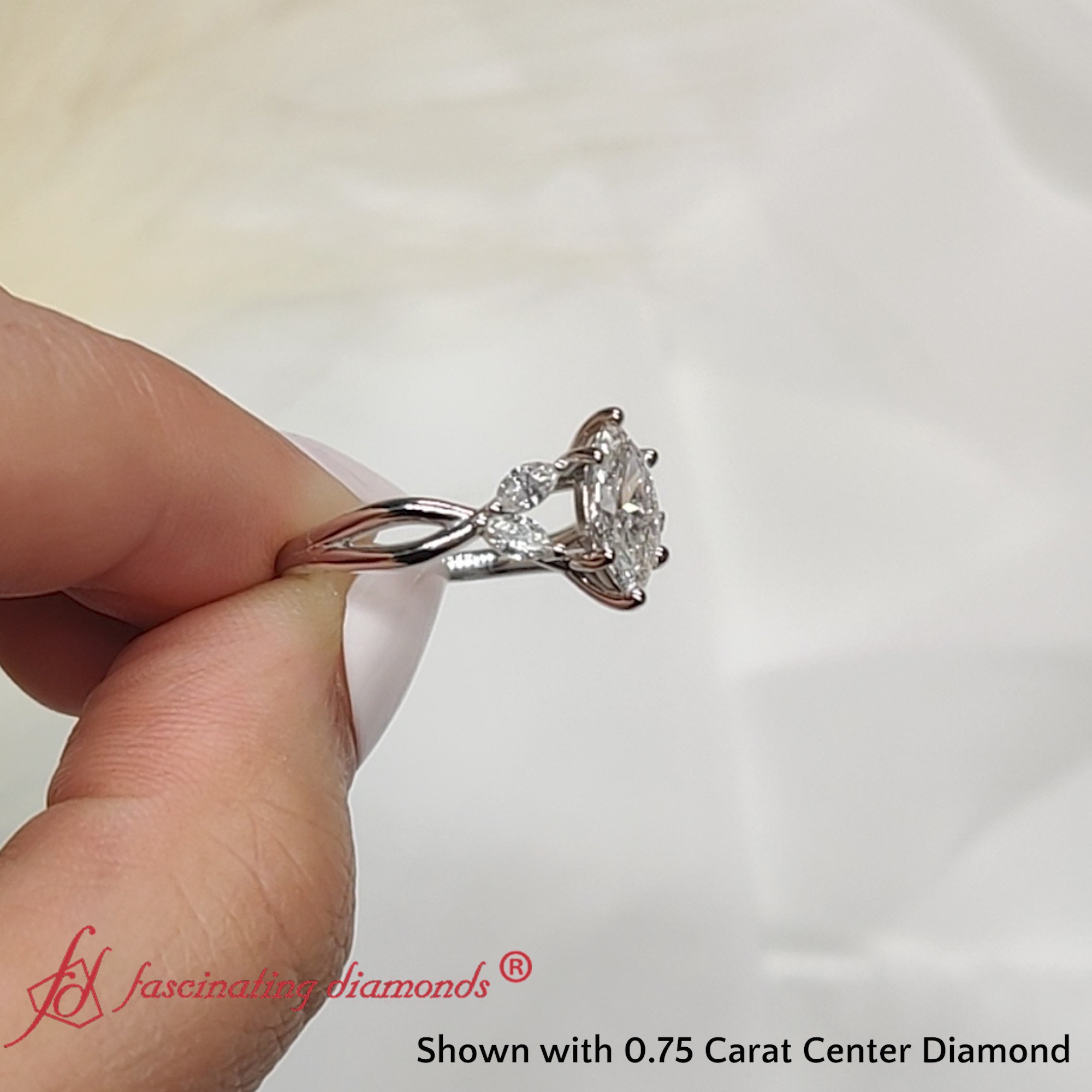  0.75 Carat Marquise Cut Twisted Petal Lab Diamond Ring with White Diamond 18K White Gold