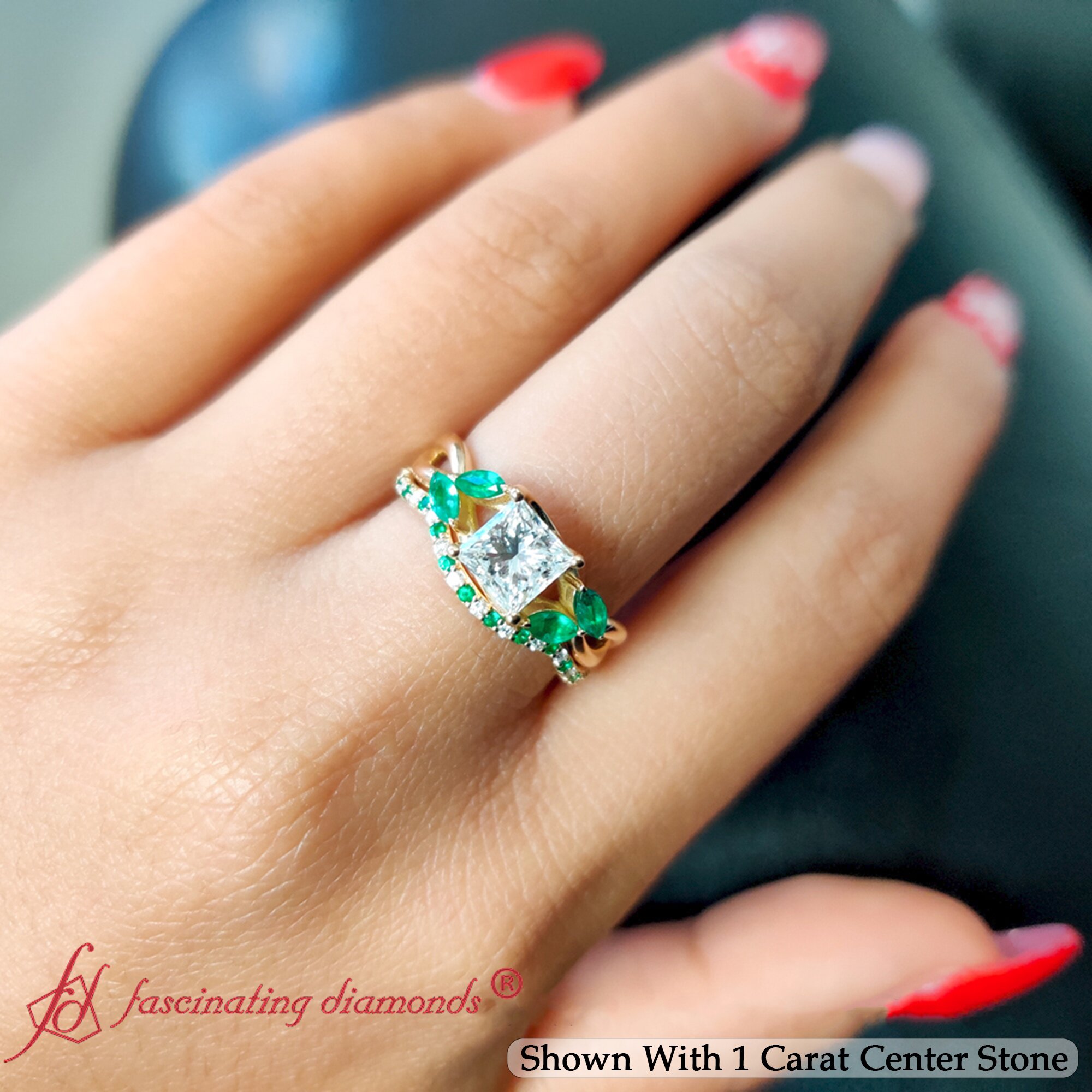 1.50 Carat Princess Cut Petal Big Wedding Set with 18K Yellow Gold Green Emerald