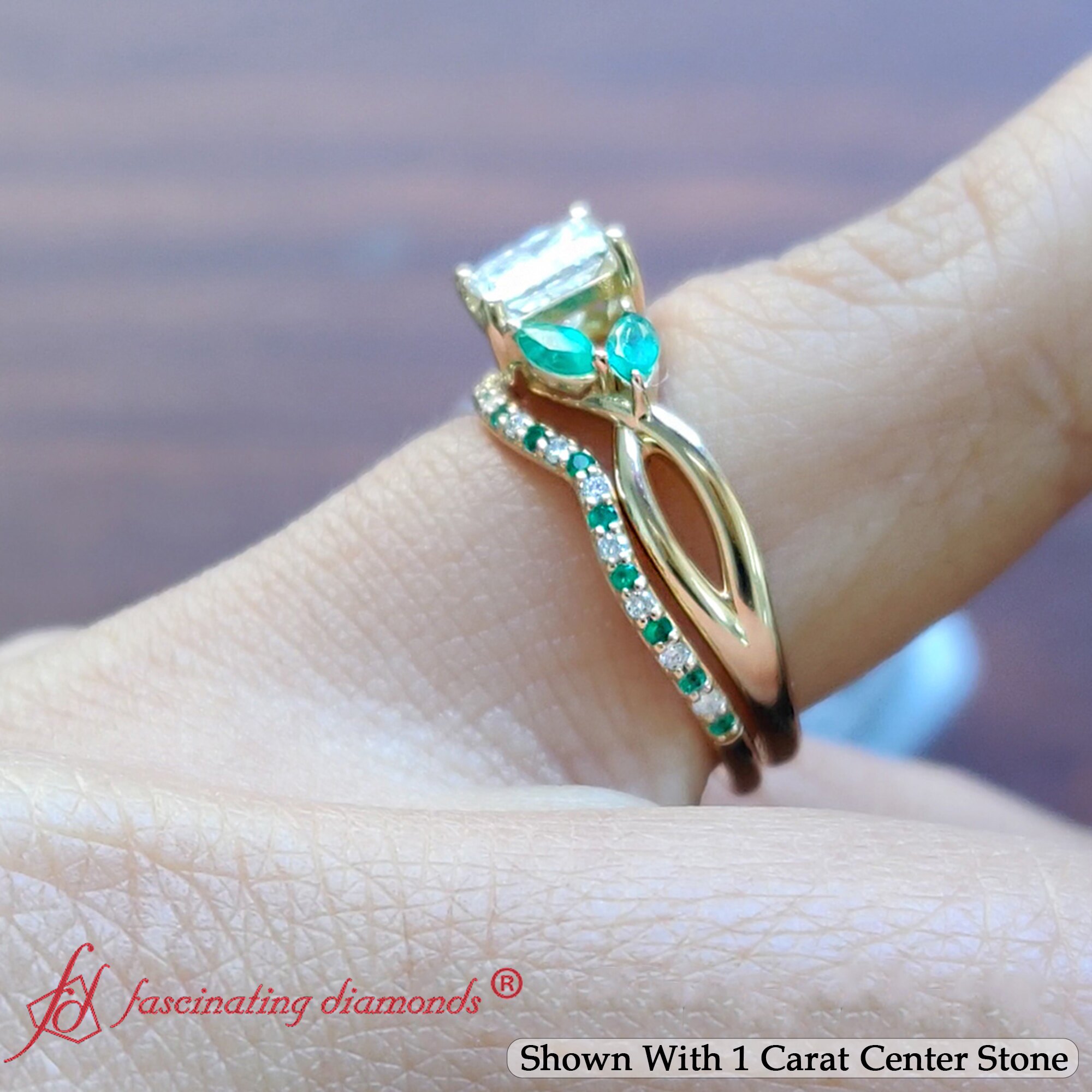 1.50 Carat Princess Cut Petal Big Wedding Set with 18K Yellow Gold Green Emerald