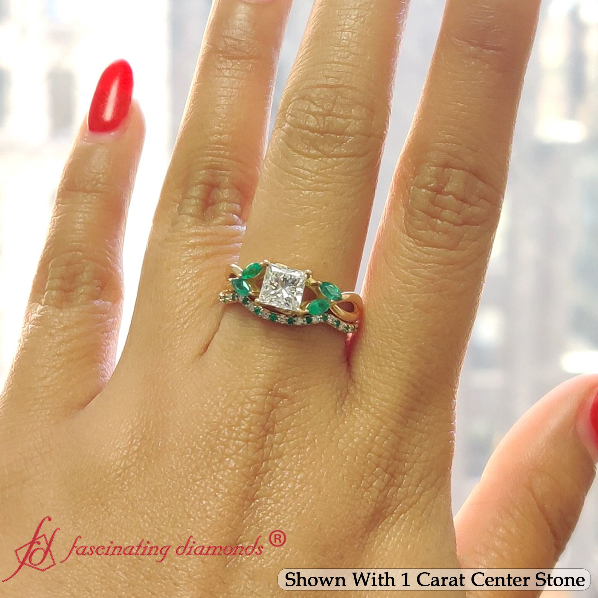 1.50 Carat Princess Cut Petal Big Wedding Set with 18K Yellow Gold Green Emerald