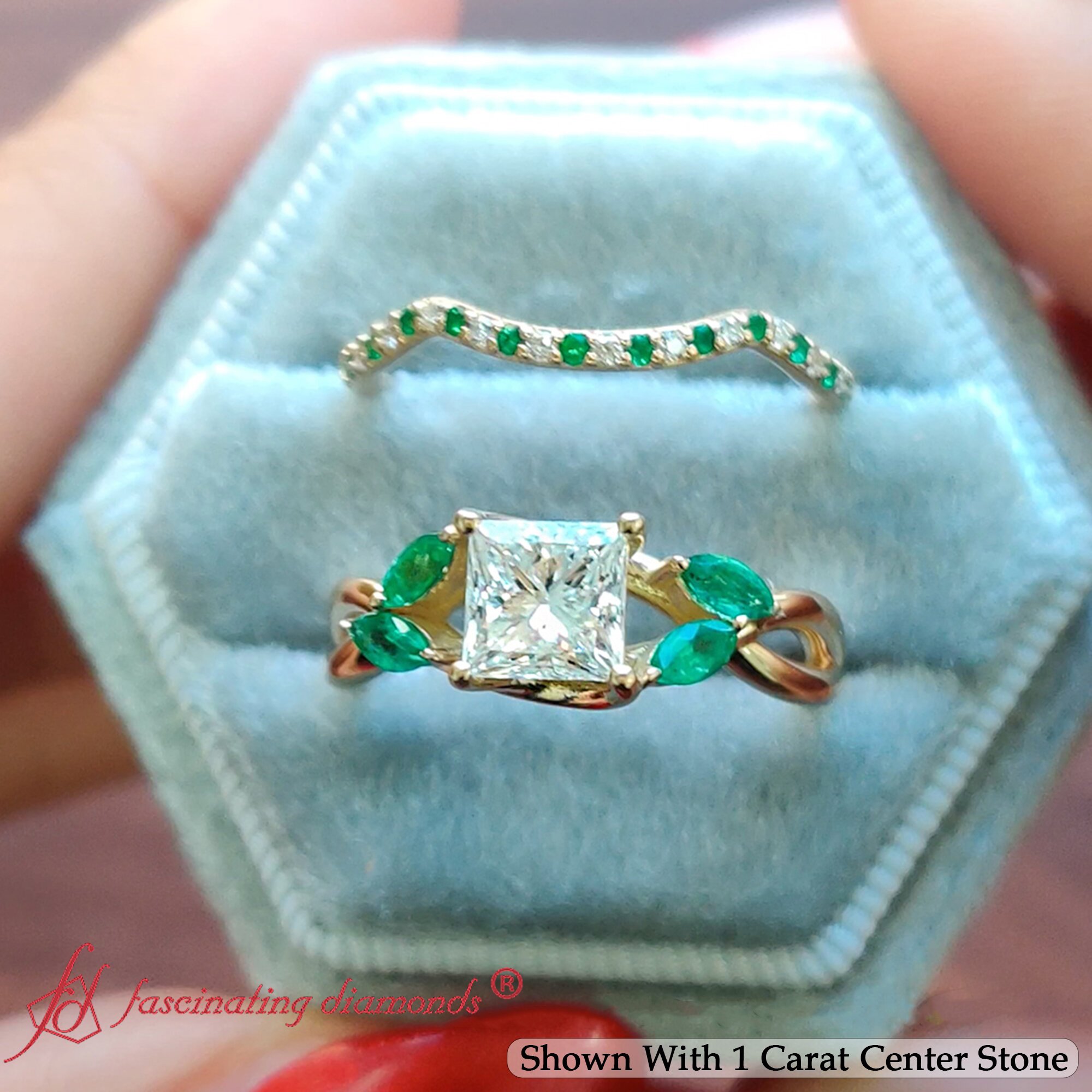 1.50 Carat Princess Cut Petal Big Wedding Set with 18K Yellow Gold Green Emerald