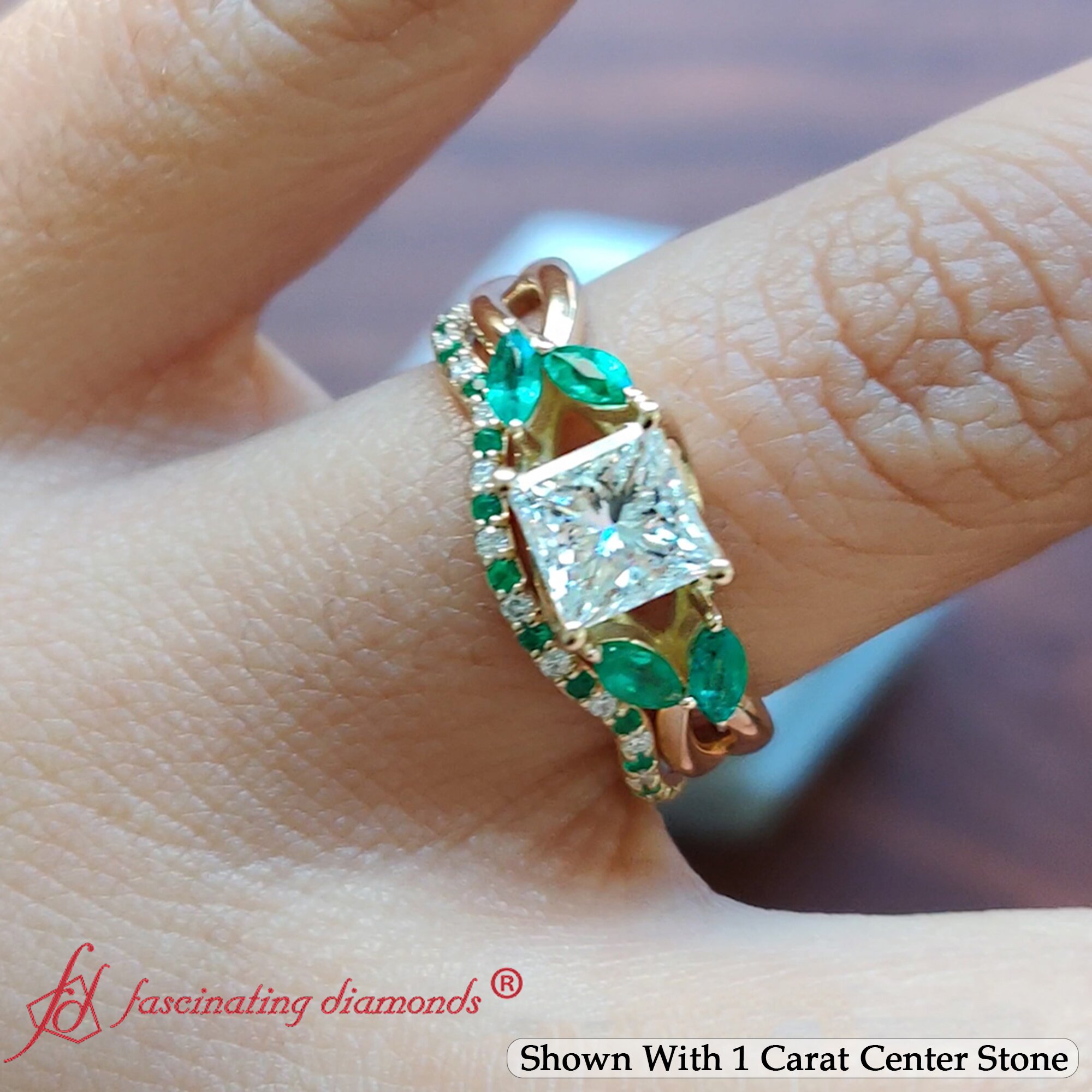 1.50 Carat Princess Cut Petal Big Wedding Set with 18K Yellow Gold Green Emerald