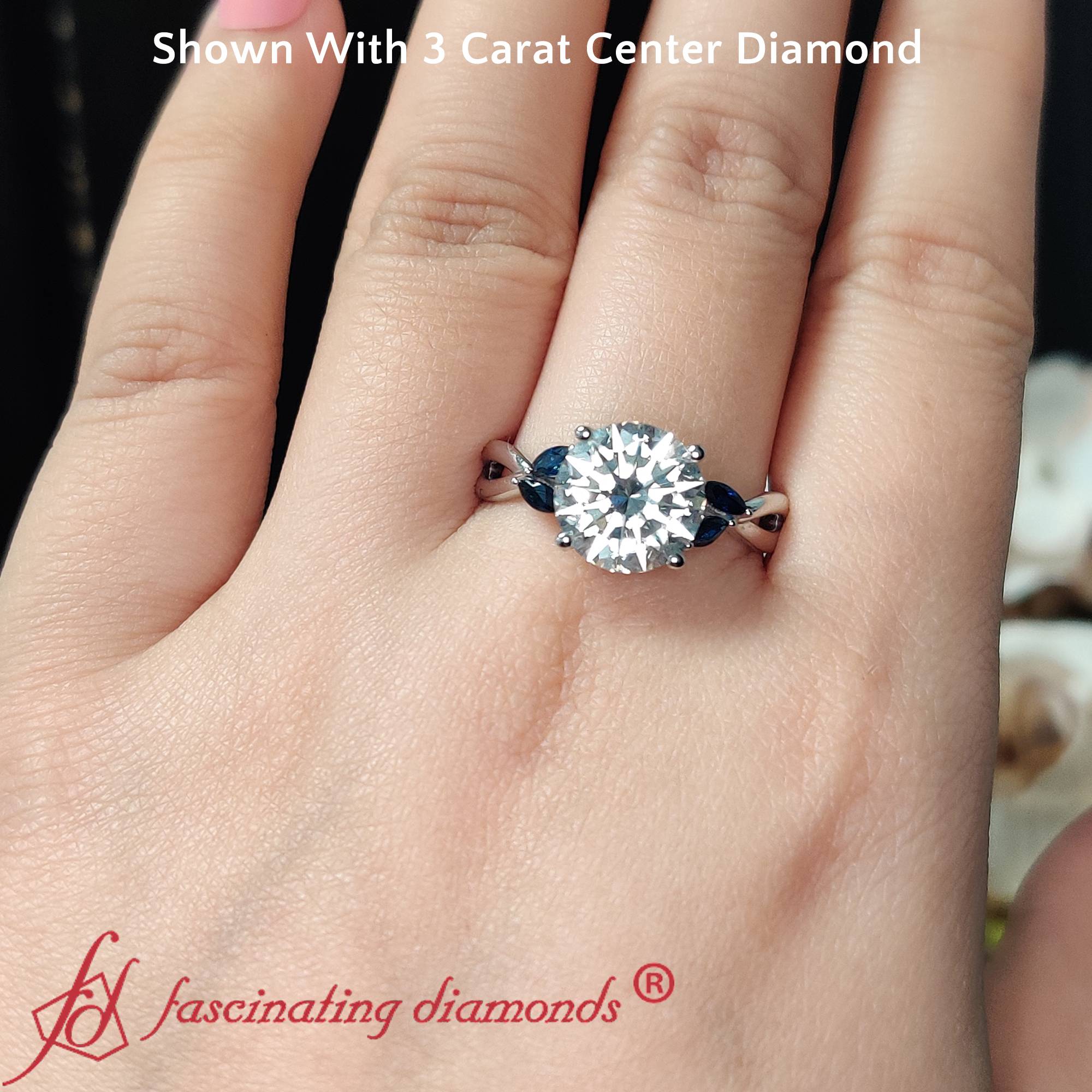 3 Carat Round Cut Twisted Petal Lab Diamond Ring with Blue Sapphire in 14K White Gold