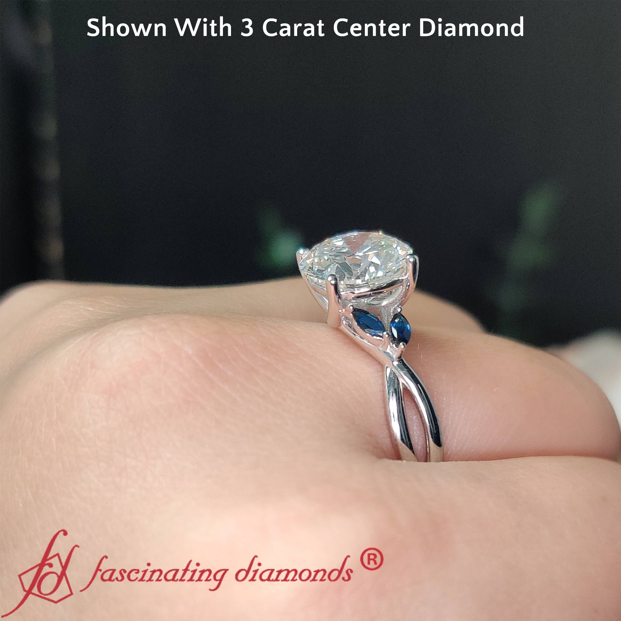 3 Carat Round Cut Twisted Petal Lab Diamond Ring with Blue Sapphire in 14K White Gold