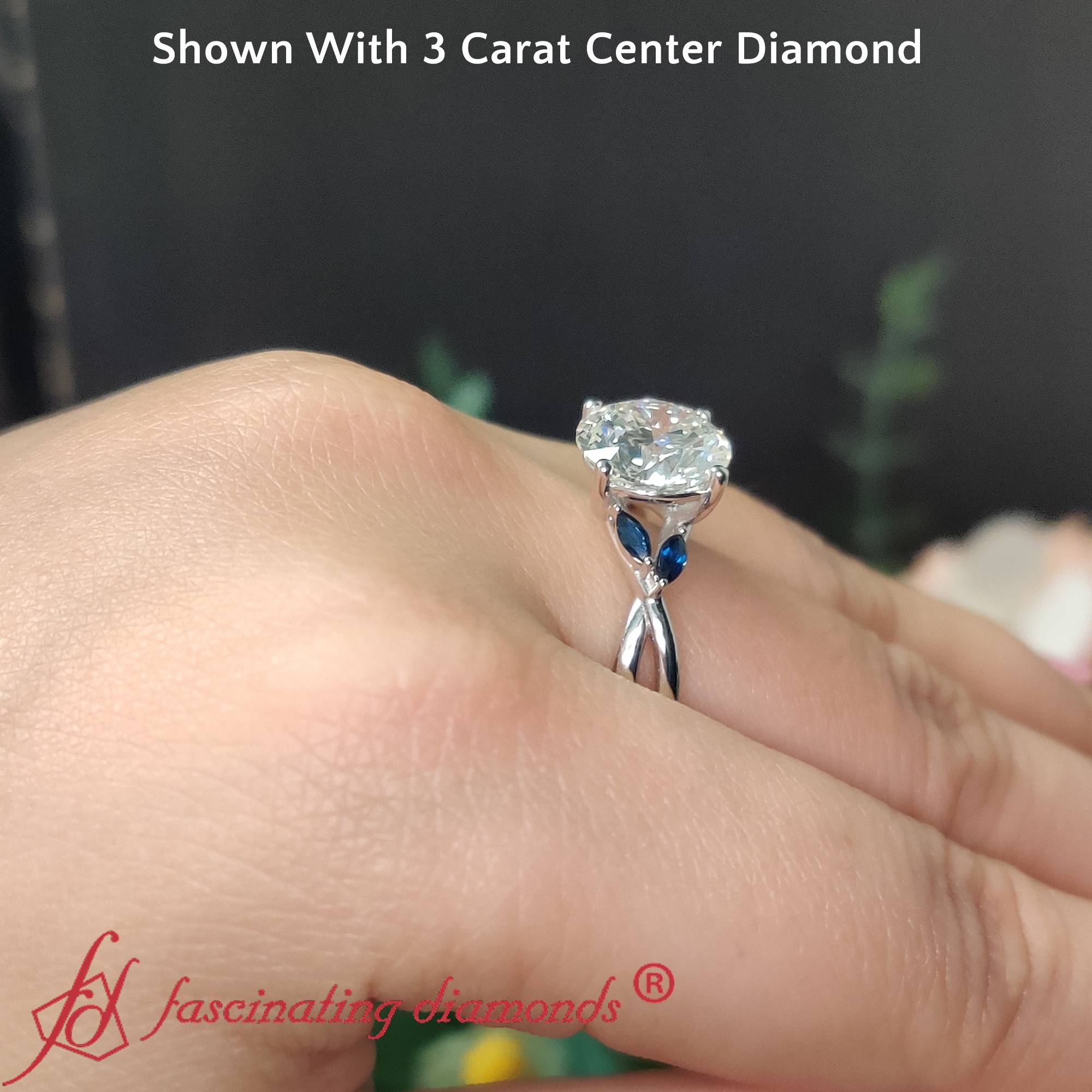 3 Carat Round Cut Twisted Petal Lab Diamond Ring with Blue Sapphire in 14K White Gold