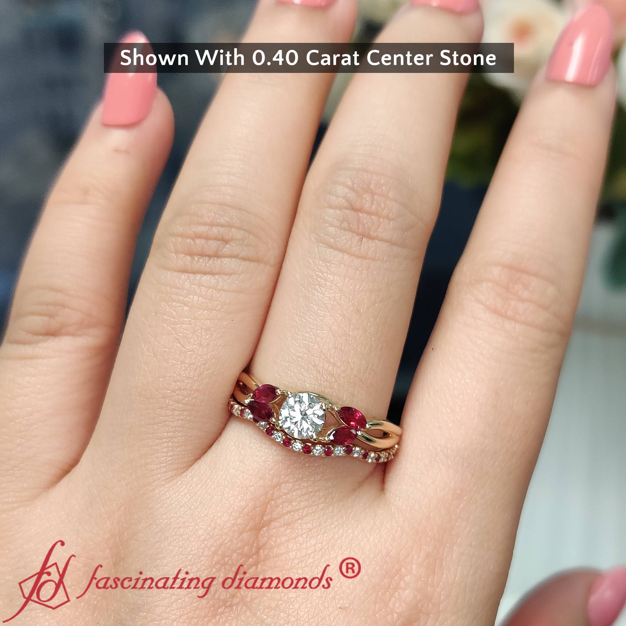 Round And Marquise Lab Diamond Twisted Bridal Set with Red Ruby in 14K Yellow Gold