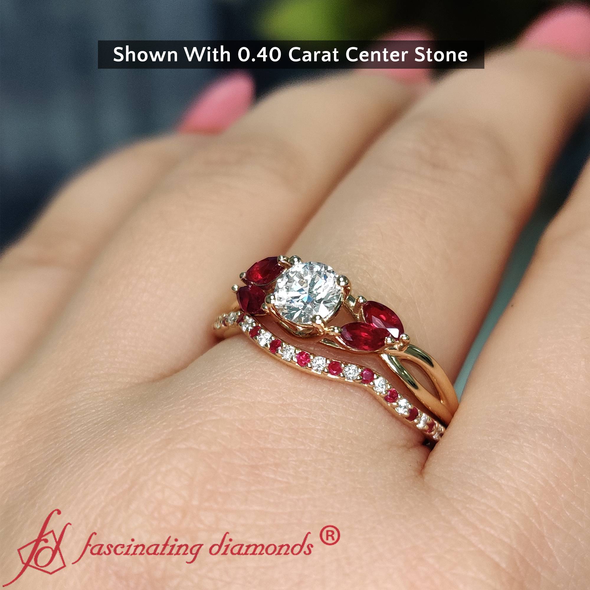 Round And Marquise Lab Diamond Twisted Bridal Set with Red Ruby in 14K Yellow Gold