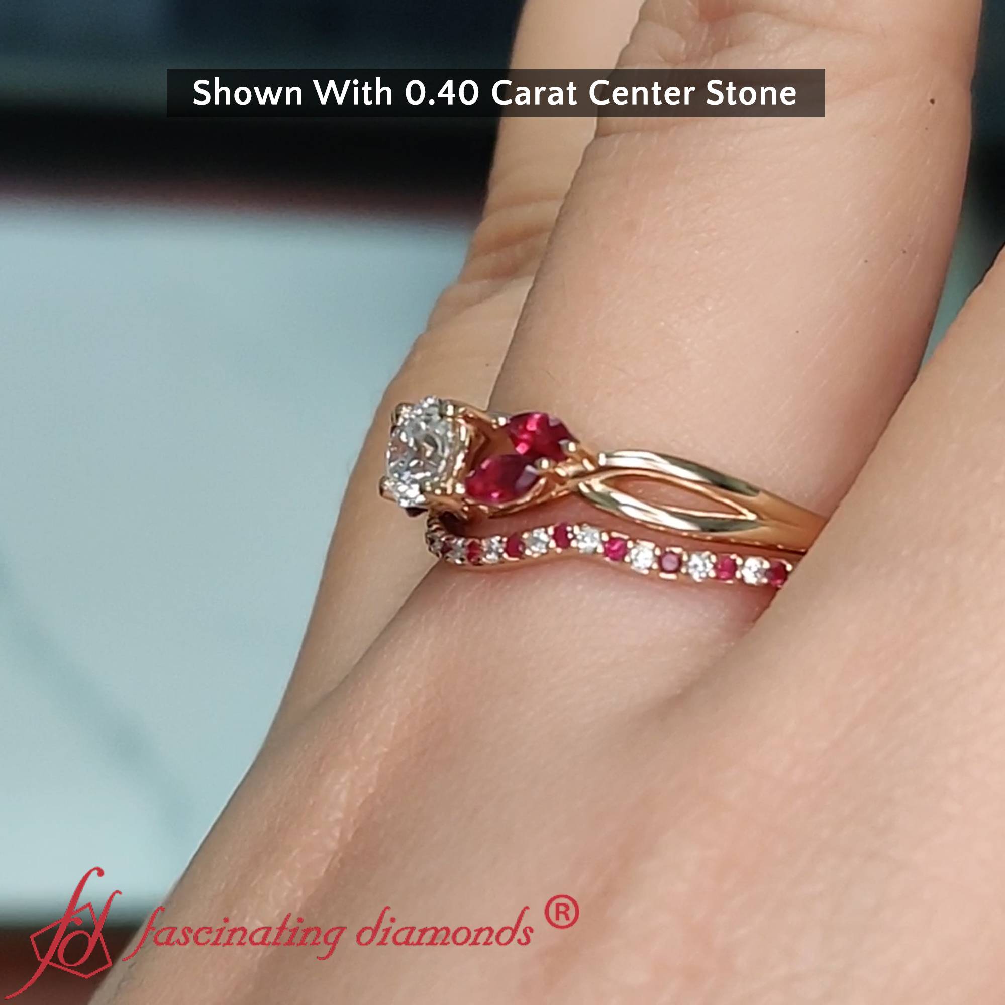 Round And Marquise Lab Diamond Twisted Bridal Set with Red Ruby in 14K Yellow Gold