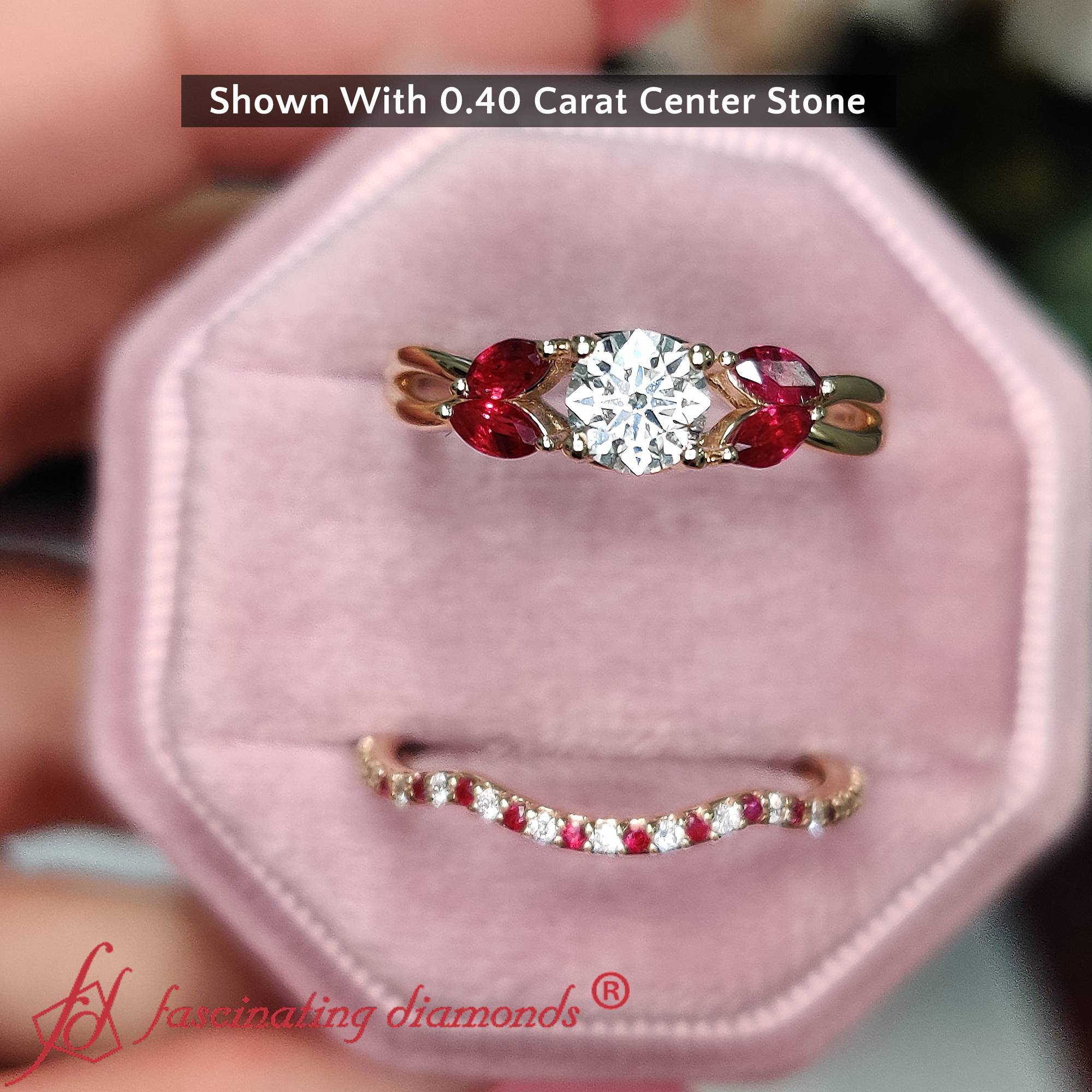 Round And Marquise Lab Diamond Twisted Bridal Set with Red Ruby in 14K Yellow Gold