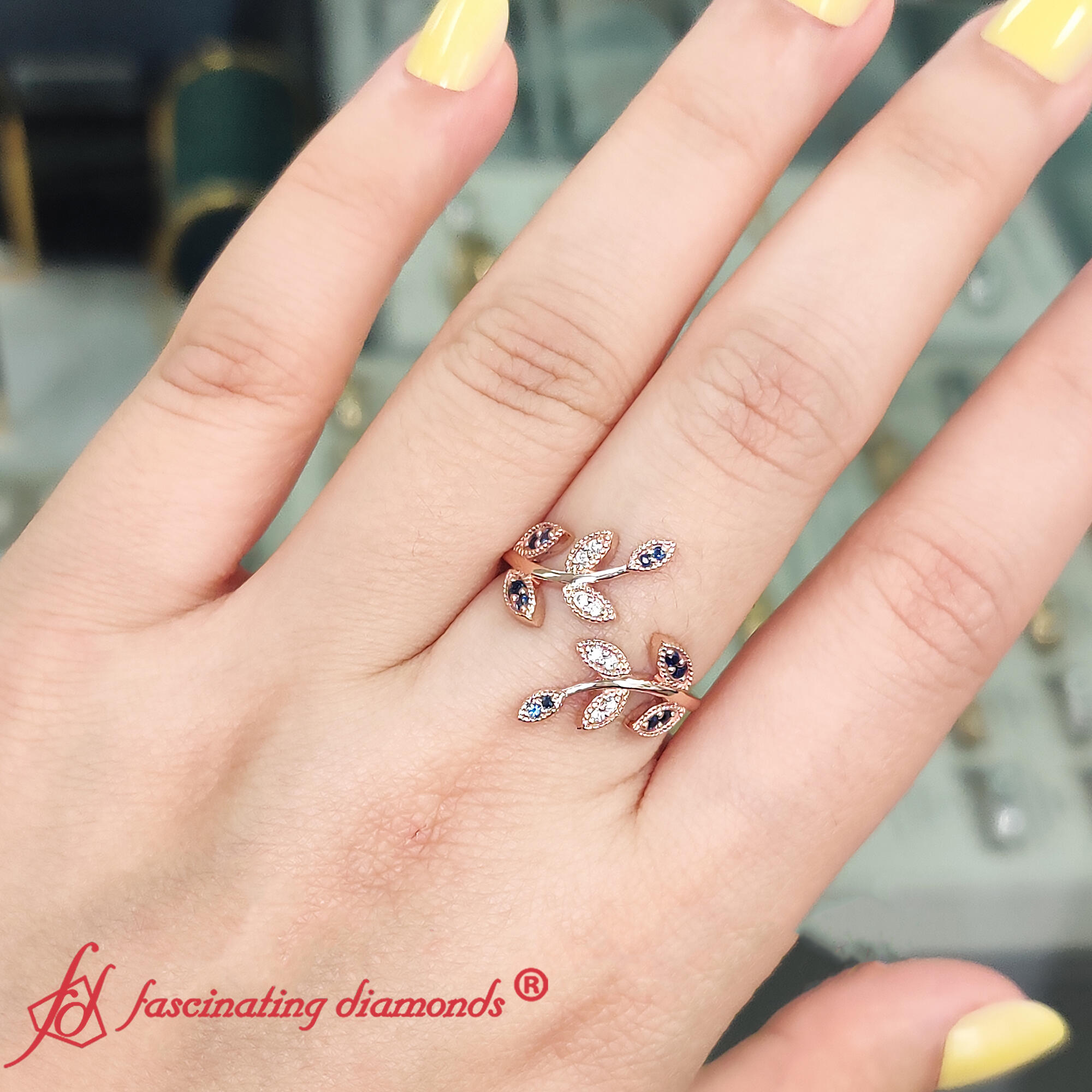 Swirl Leaf Promise Ring with 14K Rose Gold Blue Sapphire