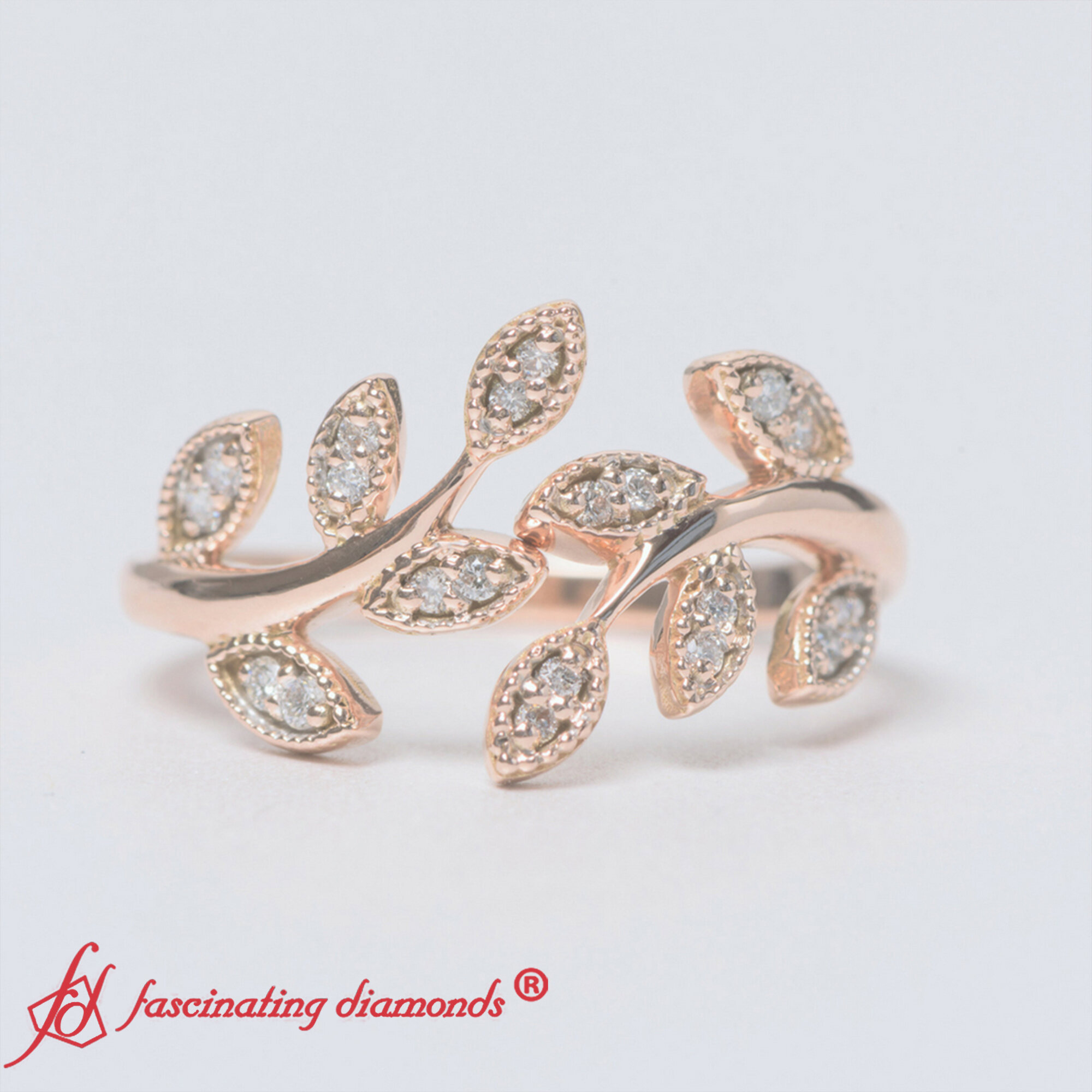Open Leaf Fashion Diamond Ring with 14K Rose Gold White Diamond