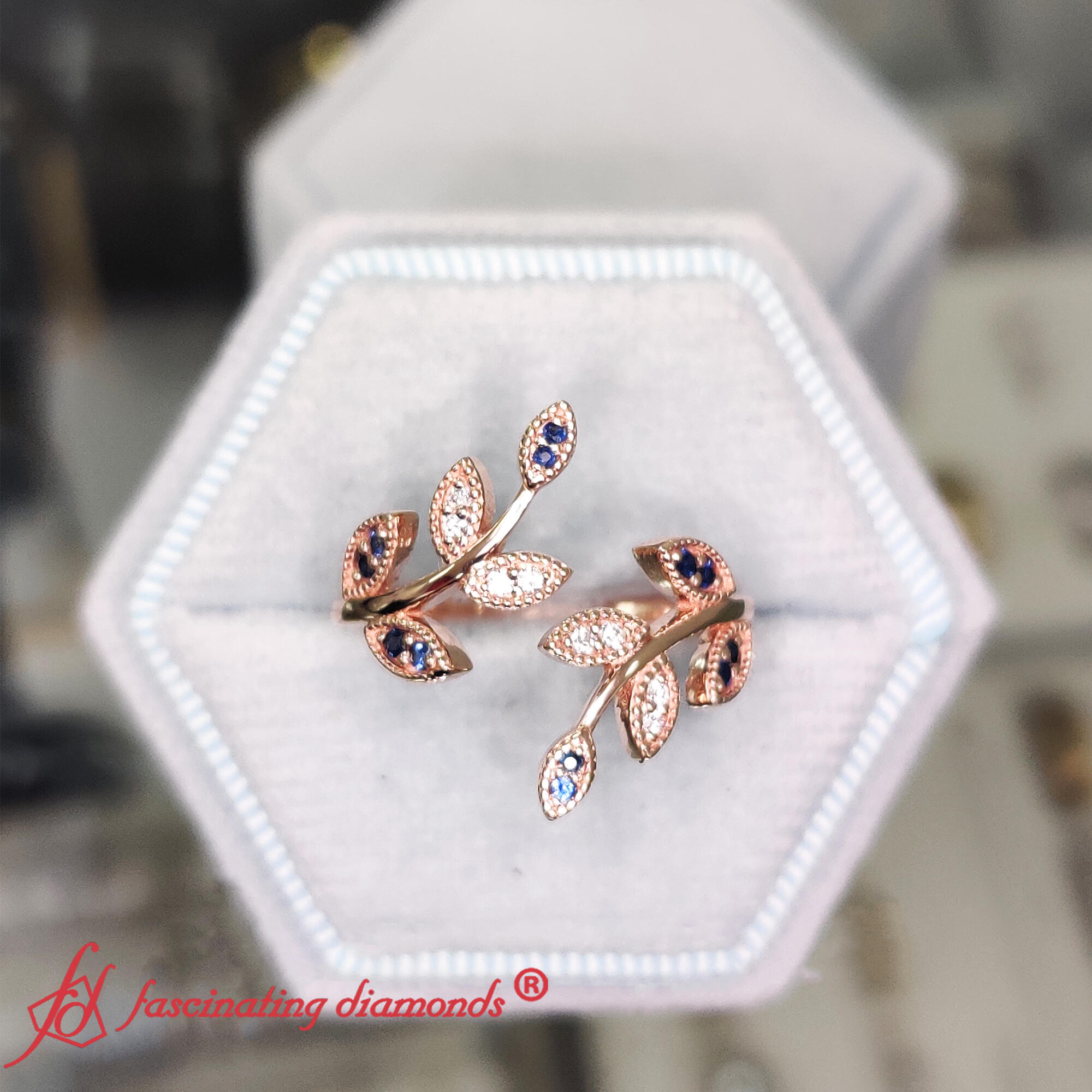 Swirl Leaf Promise Ring with 14K Rose Gold Blue Sapphire