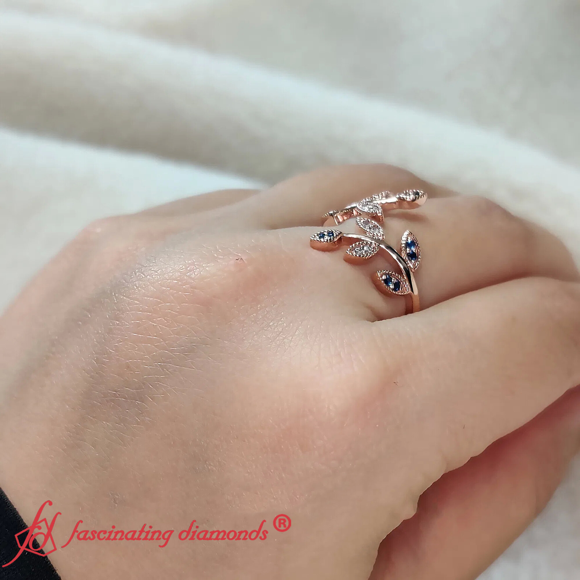 Swirl Leaf Promise Ring with 14K Rose Gold Blue Sapphire