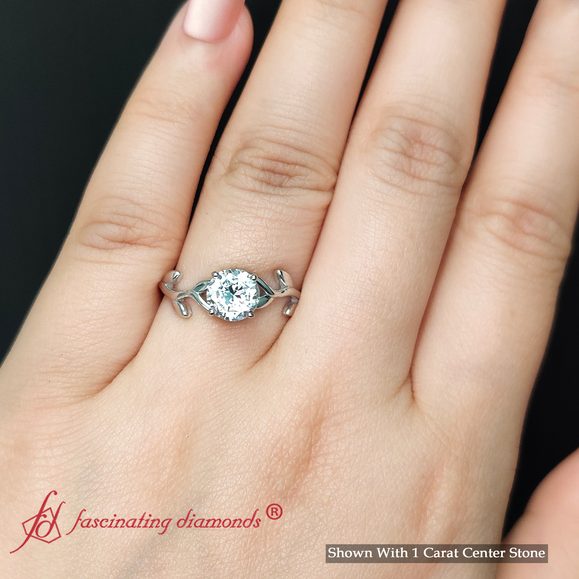 Round Cut Lab Diamond 1 Ct. Leaf Engagement Ring with 18K White Gold White Diamond