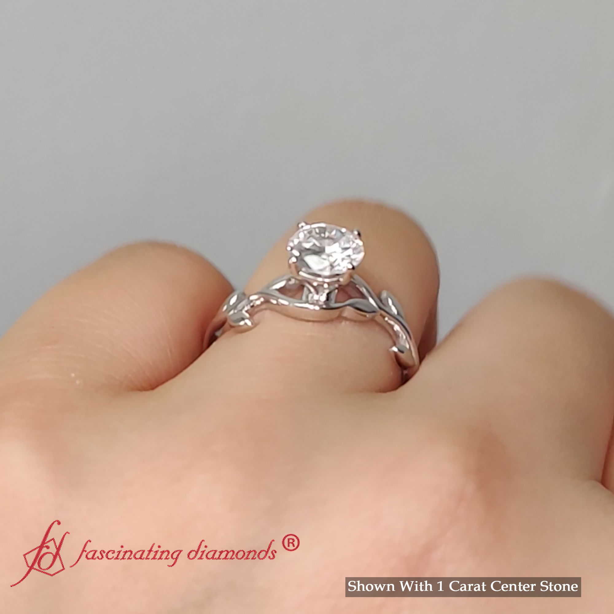 Round Cut Lab Diamond 1 Ct. Leaf Engagement Ring with 18K White Gold White Diamond