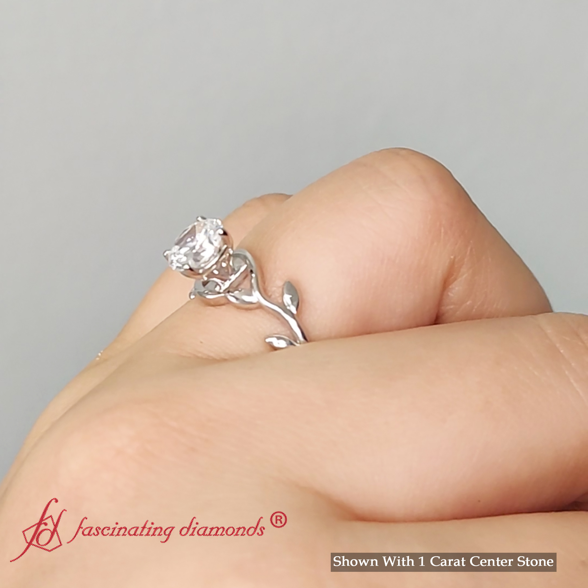 Round Cut Lab Diamond 1 Ct. Leaf Engagement Ring with 18K White Gold White Diamond