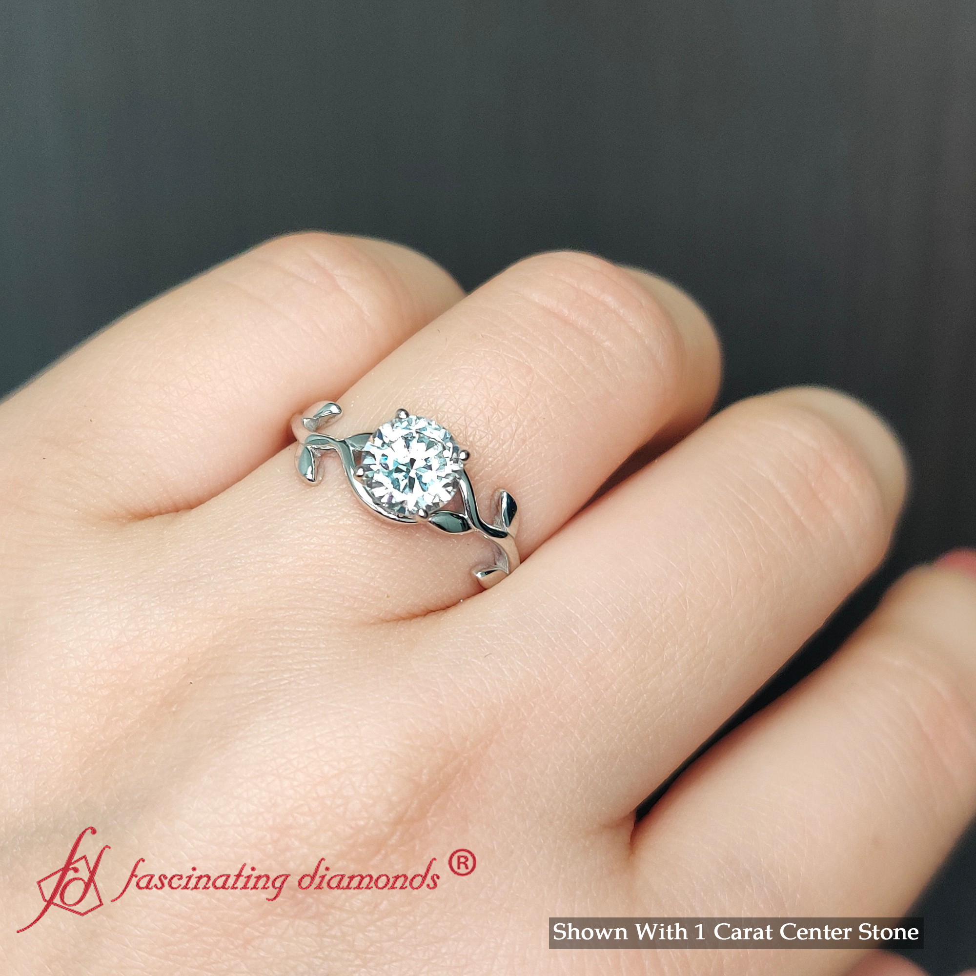 Round Cut Lab Diamond 1 Ct. Leaf Engagement Ring with 18K White Gold White Diamond