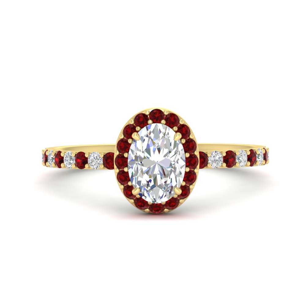 Oval Shaped Classic Halo Engagement Rings with Red Ruby in 14K Yellow Gold