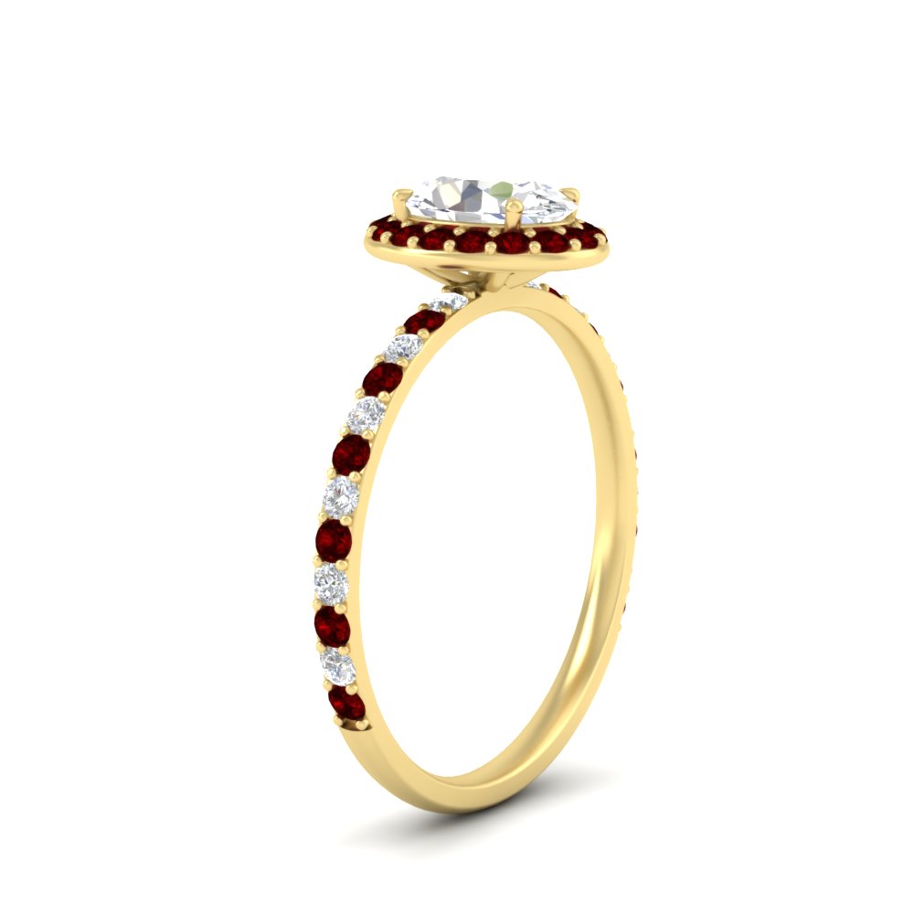Oval Shaped Classic Halo Engagement Rings with Red Ruby in 14K Yellow Gold