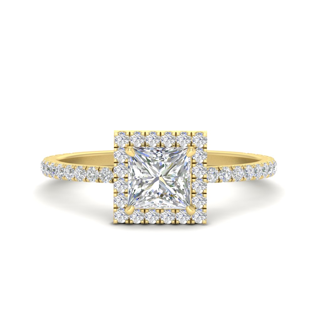 Princess Shaped Prong Stud Halo Engagement Ring with White Diamond in 14K Yellow Gold