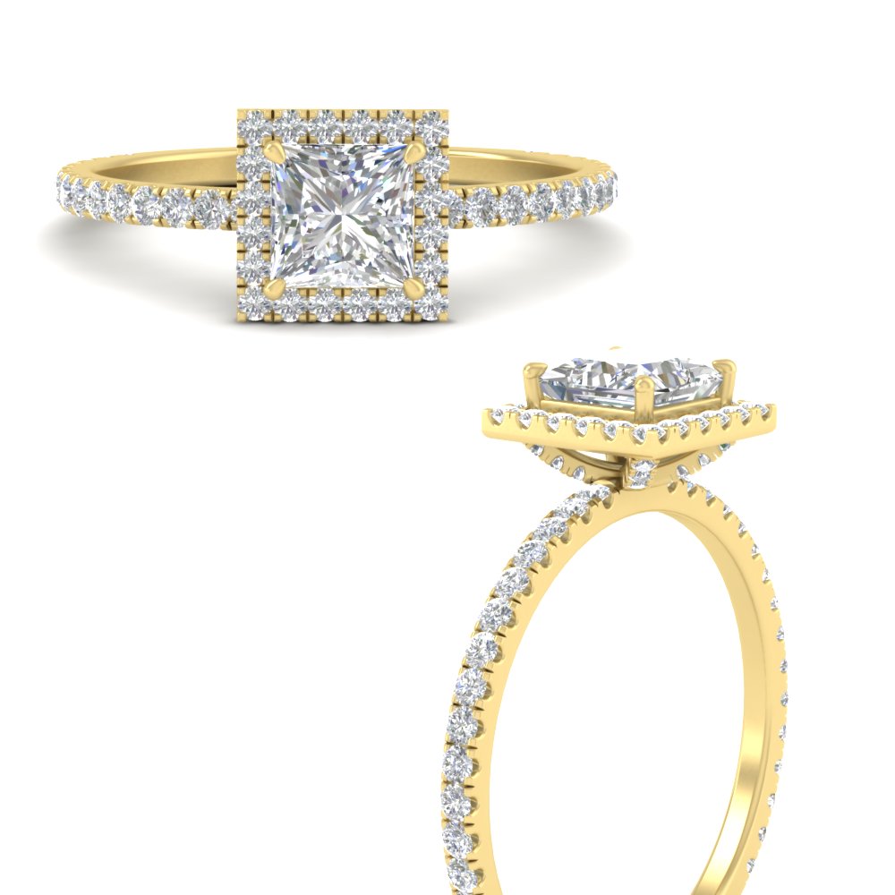 Princess Shaped Prong Stud Halo Engagement Ring with White Diamond in 14K Yellow Gold