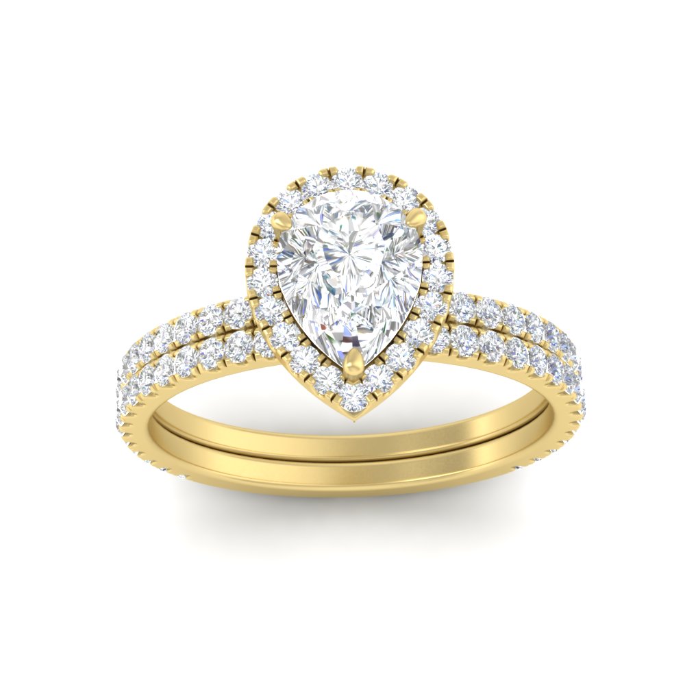 Pear Shaped Pear Shaped Halo Diamond Wedding Ring Set with White Diamond 14K Yellow Gold