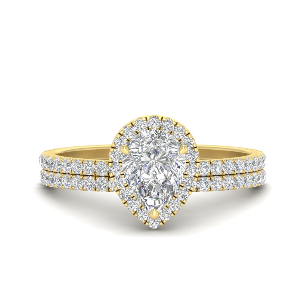 Pear Shaped Pear Shaped Halo Diamond Wedding Ring Set with White Diamond 14K Yellow Gold