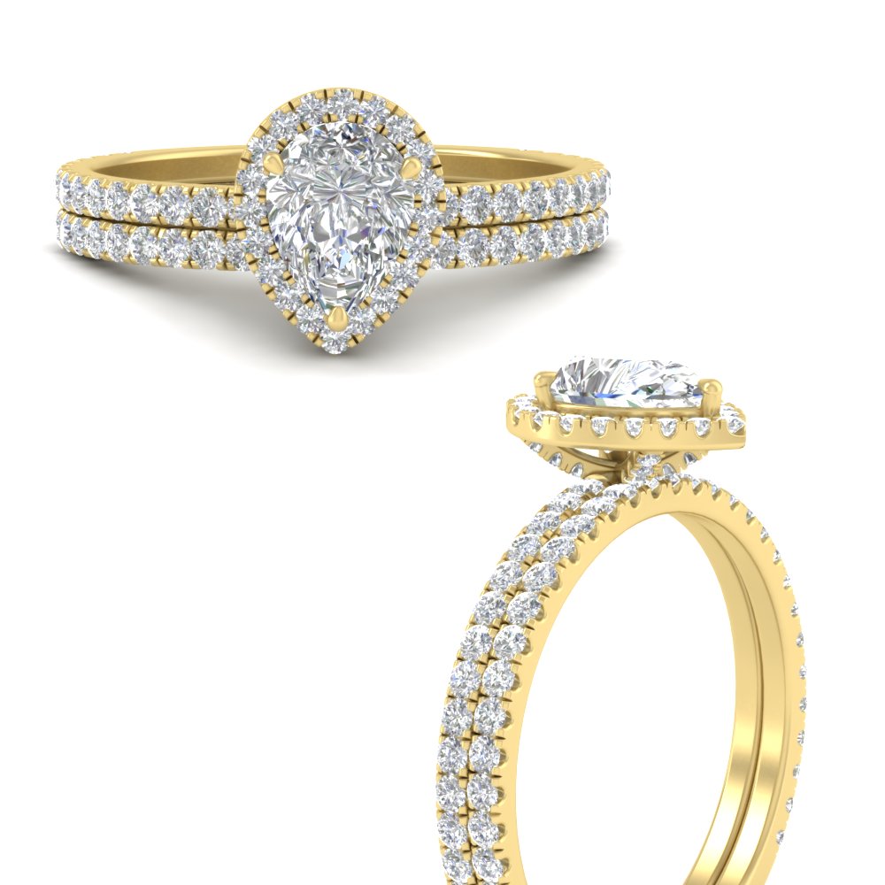 Pear Shaped Pear Shaped Halo Diamond Wedding Ring Set with White Diamond 14K Yellow Gold