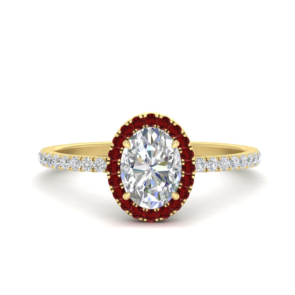 Oval Shaped Prong Studded Diamond Oval Halo Ring with Red Ruby 14K Yellow Gold