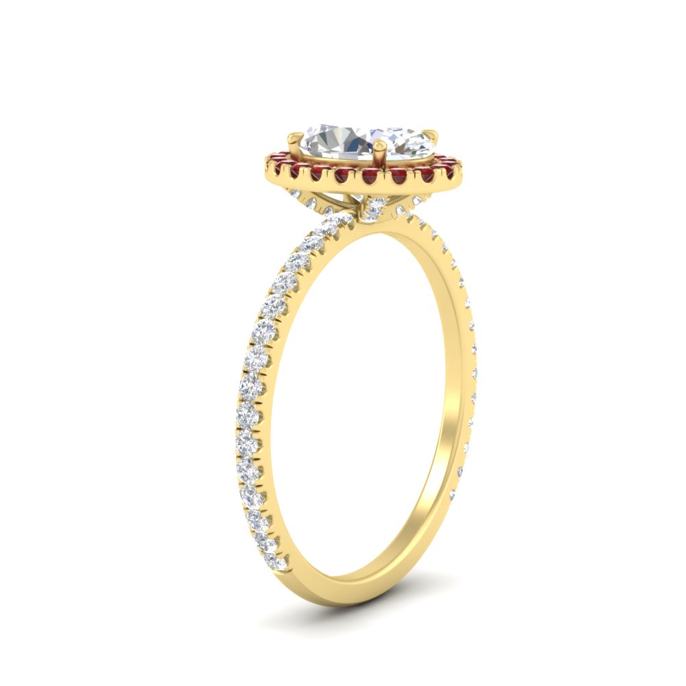 Oval Shaped Prong Studded Diamond Oval Halo Ring with Red Ruby 14K Yellow Gold