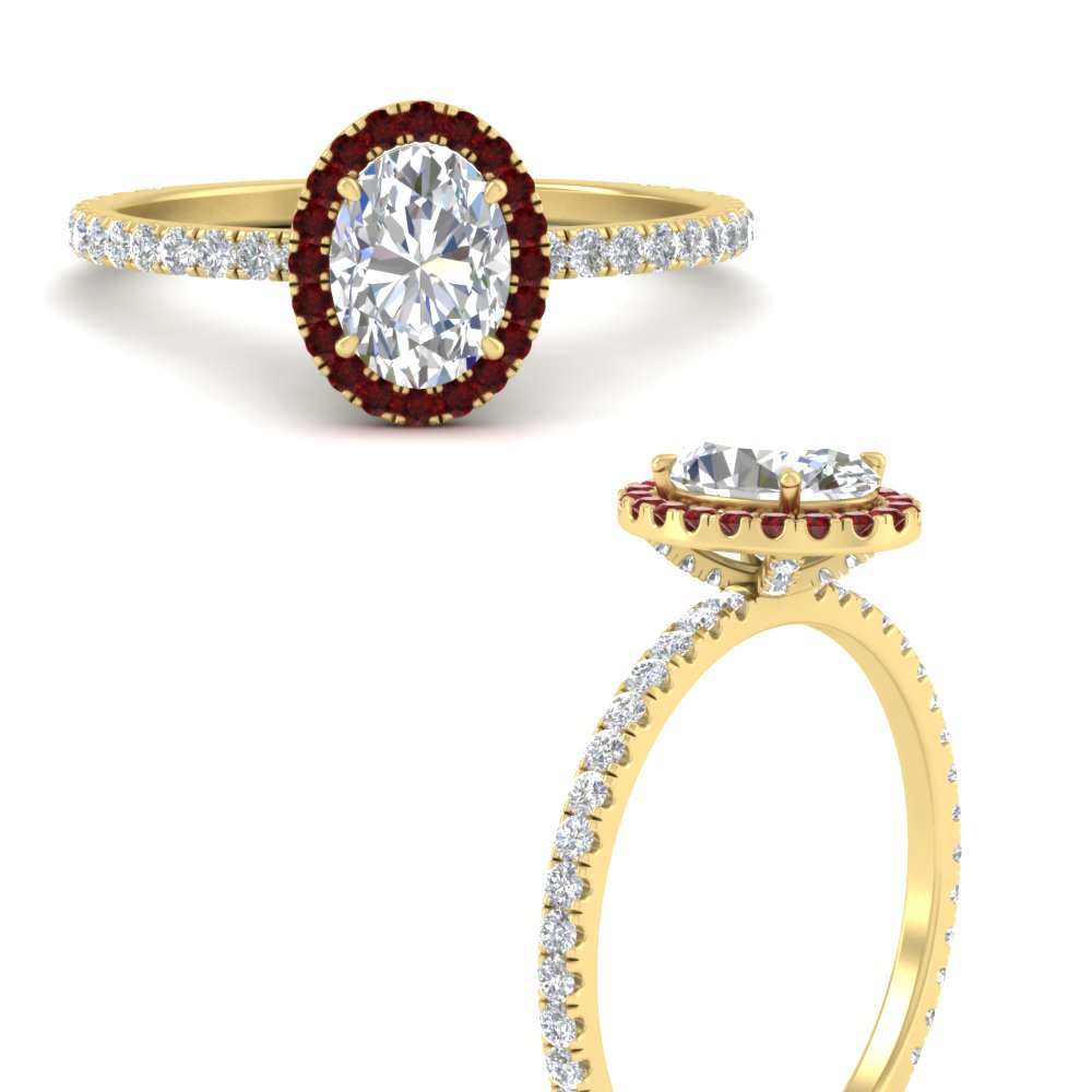 Oval Shaped Prong Studded Diamond Oval Halo Ring with Red Ruby 14K Yellow Gold