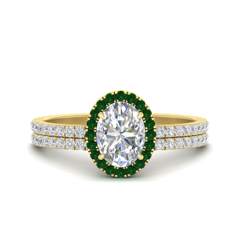 Oval Shaped Studded Prong Halo Ring Set with Green Emerald in 14K Yellow Gold