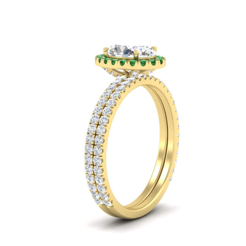Oval Shaped Studded Prong Halo Ring Set with Green Emerald in 14K Yellow Gold