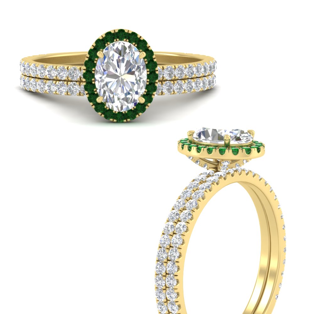 Oval Shaped Studded Prong Halo Ring Set with Green Emerald in 14K Yellow Gold