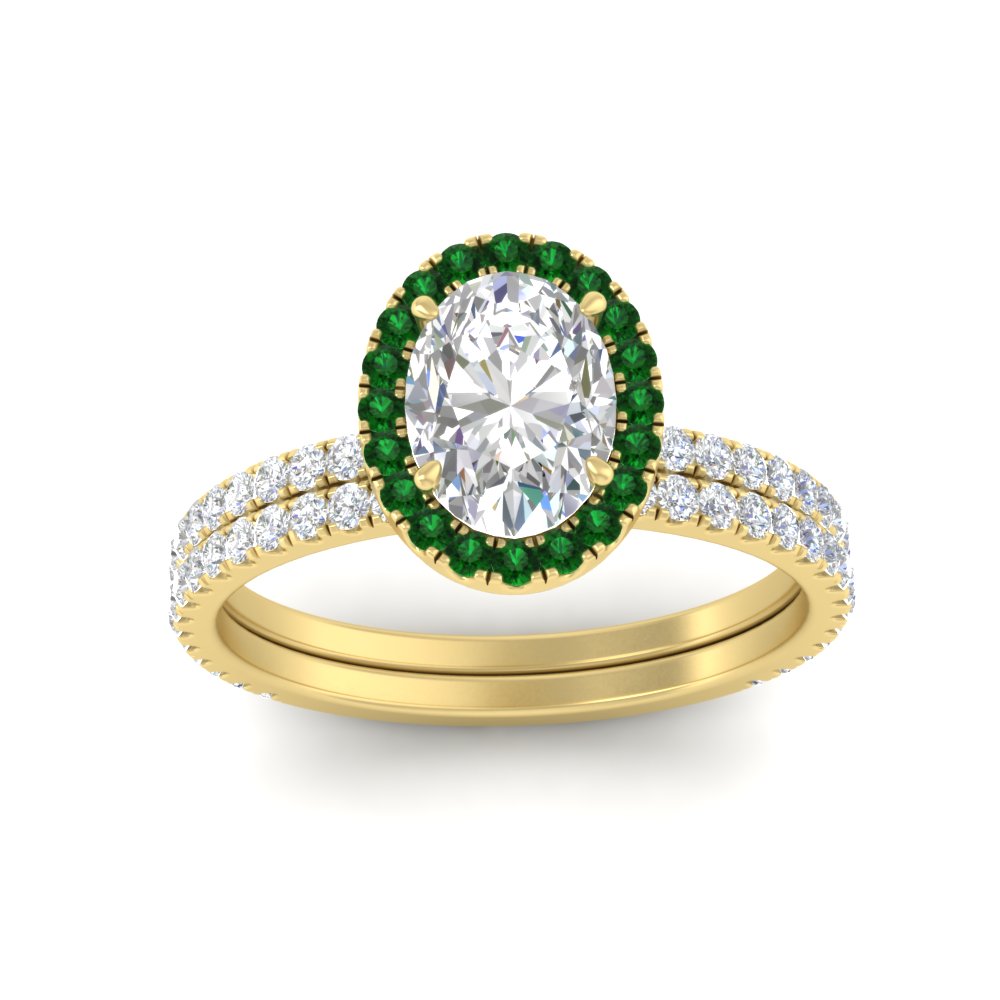Oval Shaped Studded Prong Halo Ring Set with Green Emerald in 14K Yellow Gold