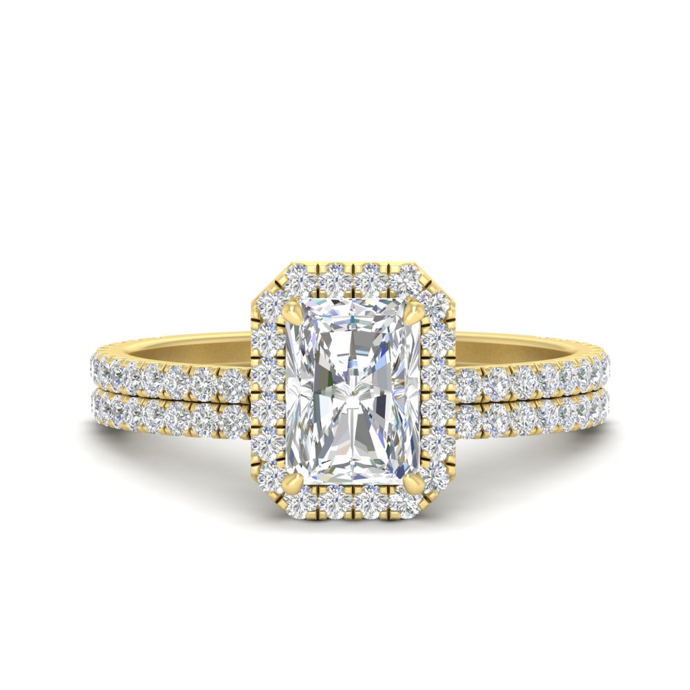 Radiant Shaped Diamond Prong Radiant Cut Halo Wedding Set with White Diamond 14K Yellow Gold