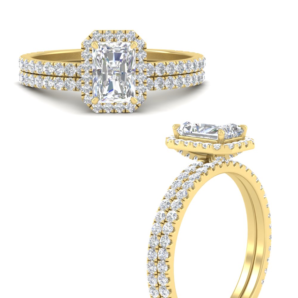 Radiant Shaped Diamond Prong Radiant Cut Halo Wedding Set with White Diamond 14K Yellow Gold