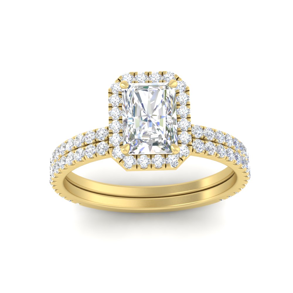 Radiant Shaped Diamond Prong Radiant Cut Halo Wedding Set with White Diamond 14K Yellow Gold