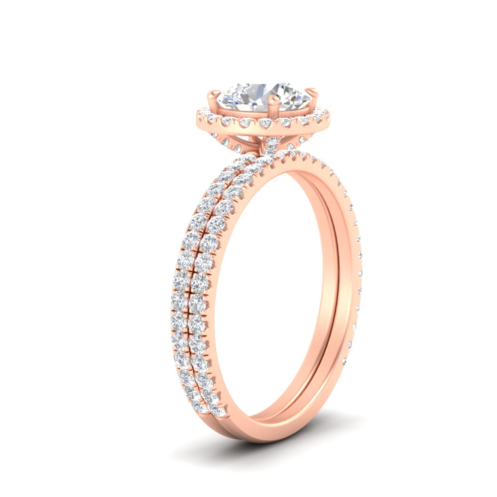 Round Shaped Round Cut Halo Diamond Wedding Set with White Diamond 14K Rose Gold