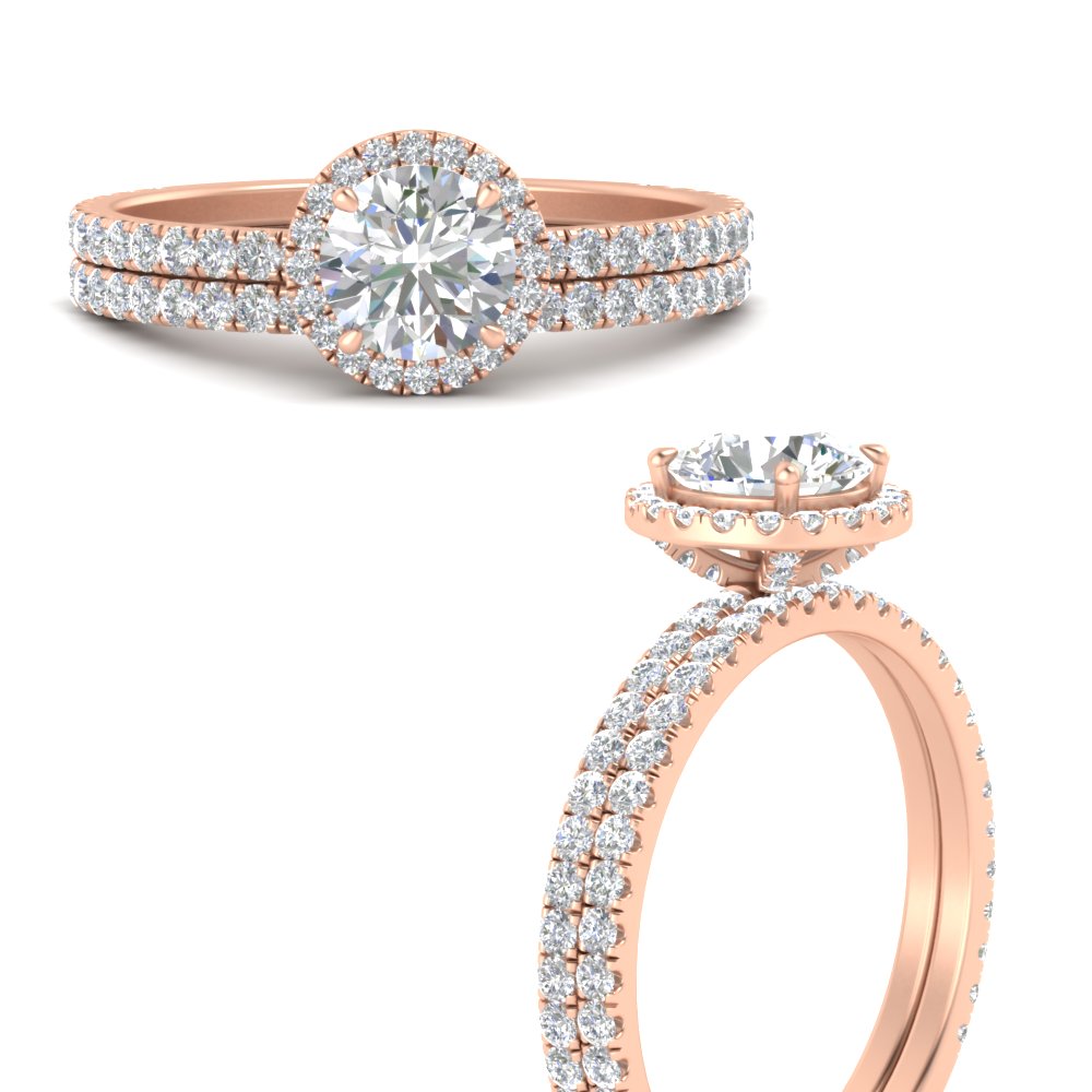 Round Shaped Round Cut Halo Diamond Wedding Set with White Diamond 14K Rose Gold