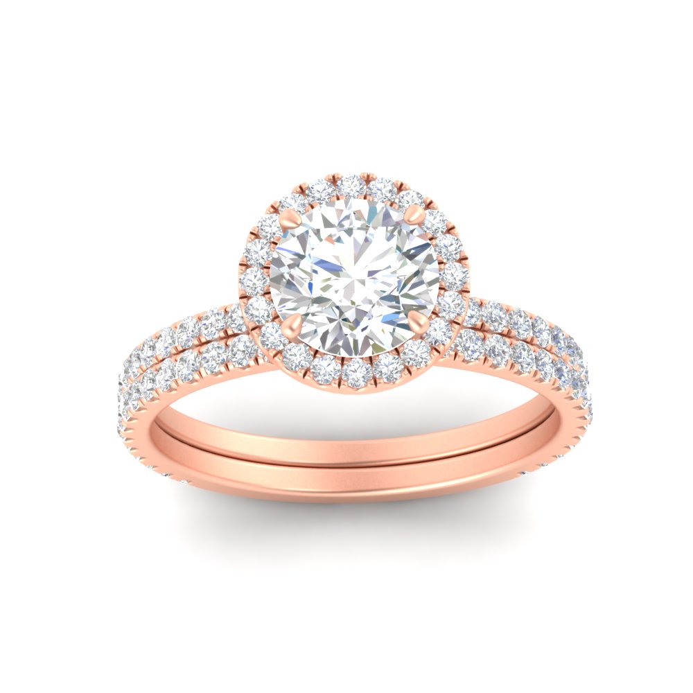 Round Shaped Round Cut Halo Diamond Wedding Set with White Diamond 14K Rose Gold