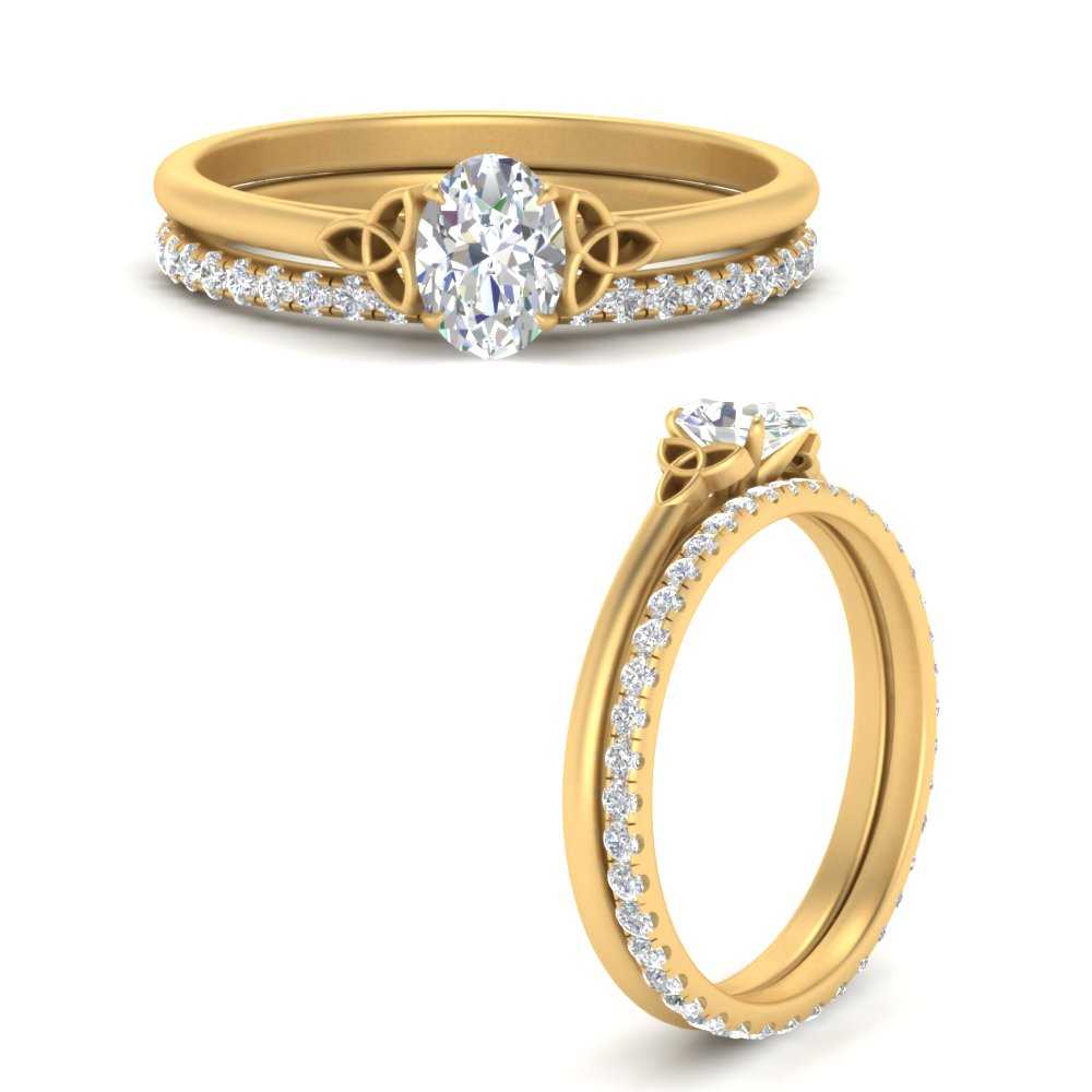 Oval Shaped Lab Diamond Petite Irish Solitaire Eternity Wedding Ring Set In  14K Yellow Gold