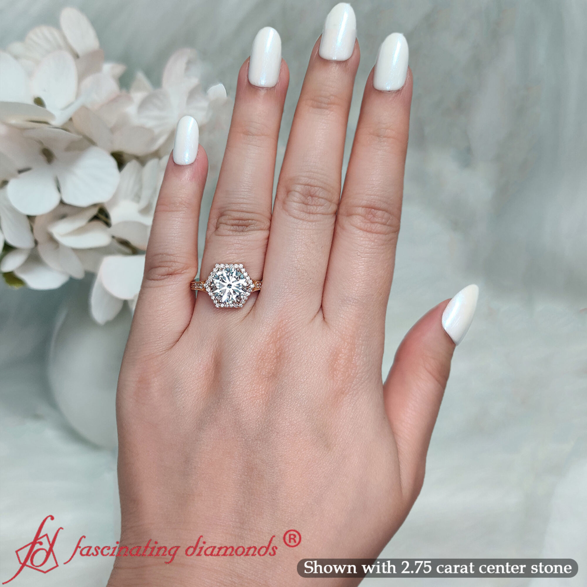 Round Shaped Vintage Hexagon Halo Engagement Ring with White Diamond in 14K Rose Gold