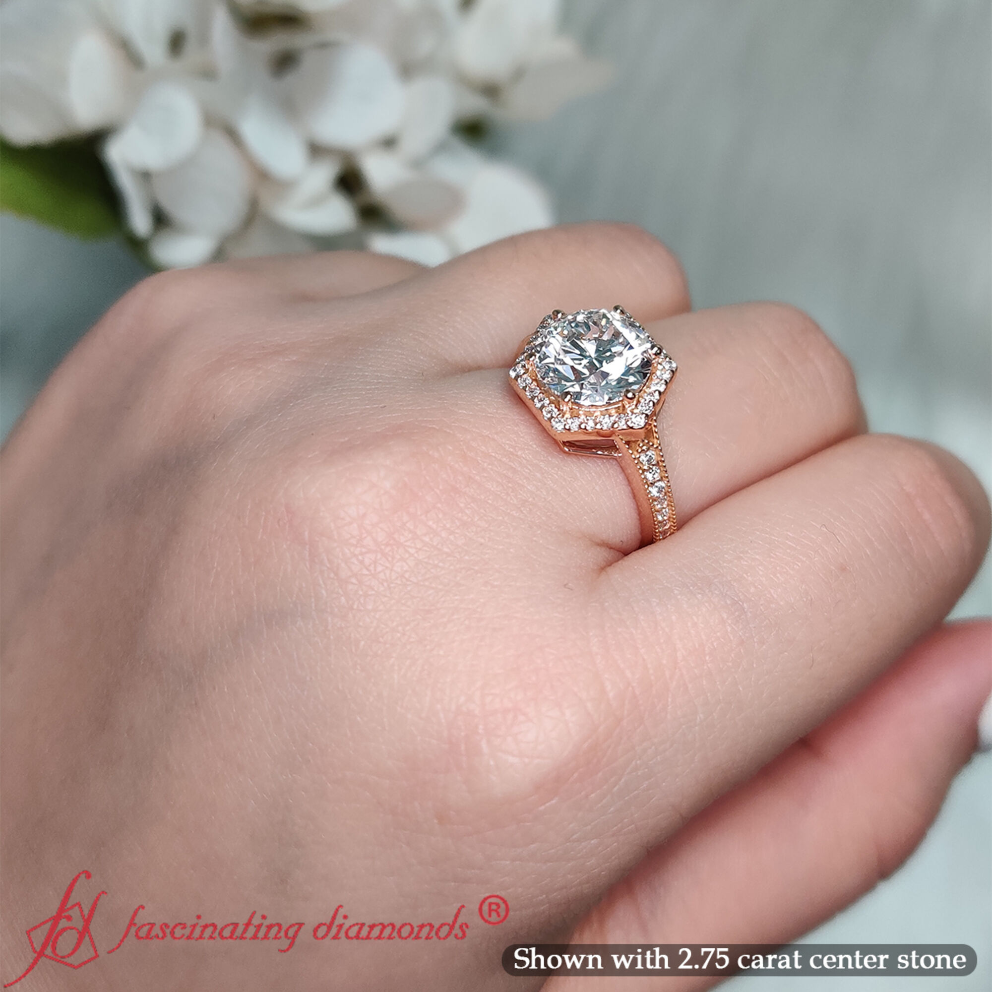 Round Shaped Vintage Hexagon Halo Engagement Ring with White Diamond in 14K Rose Gold