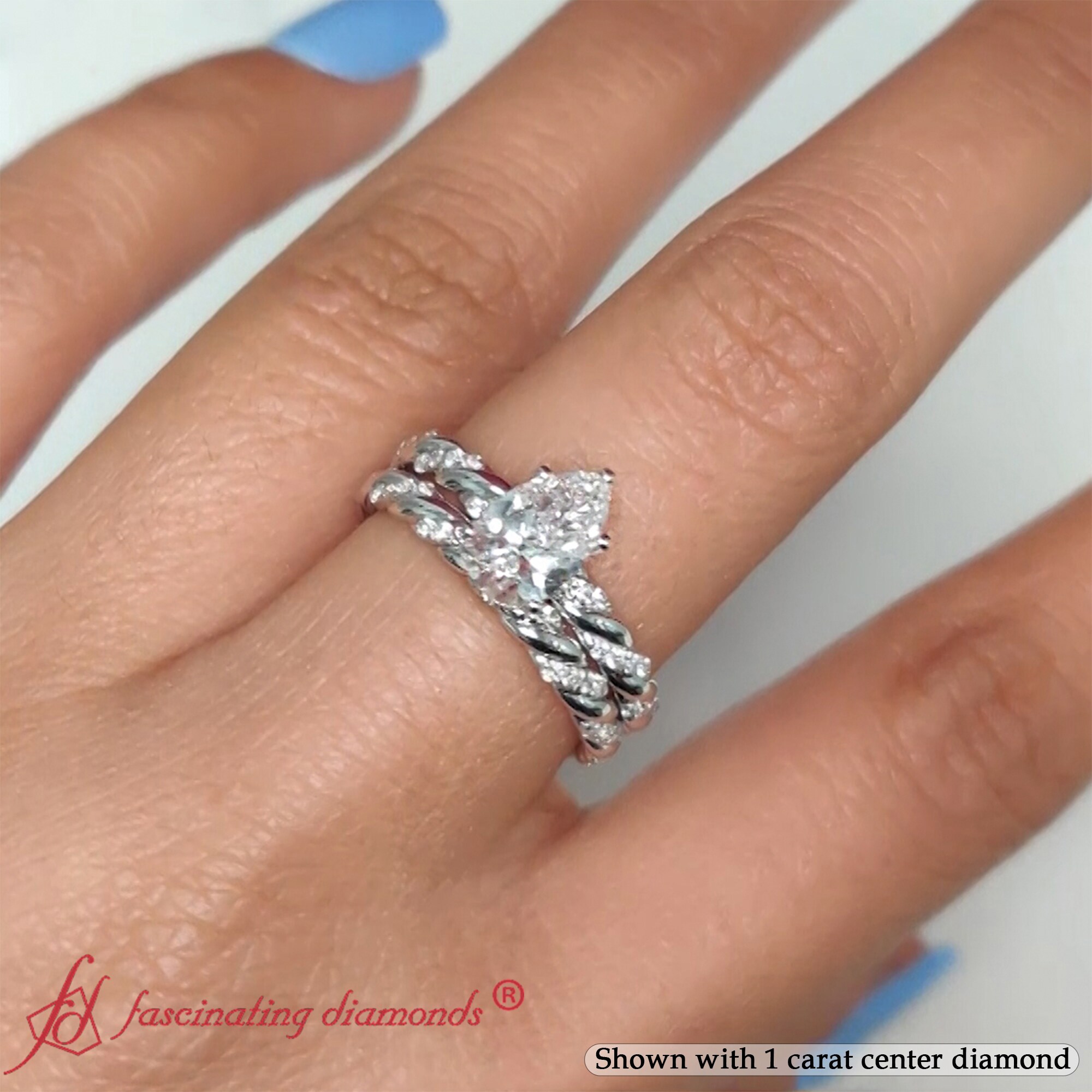 1.30 Carat Pear Shaped Twisted Diamond Wedding Ring Set with 14K White Gold White Diamond