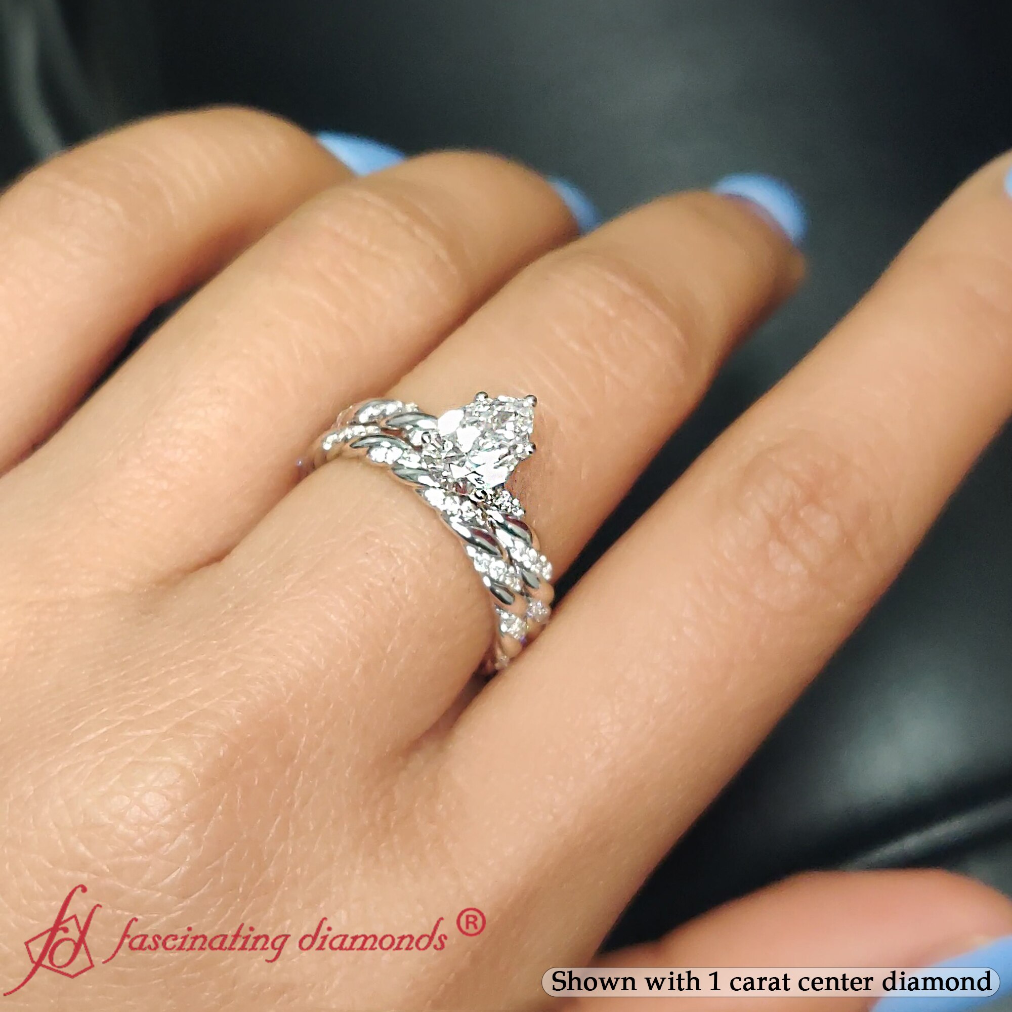 1.30 Carat Pear Shaped Twisted Diamond Wedding Ring Set with 14K White Gold White Diamond
