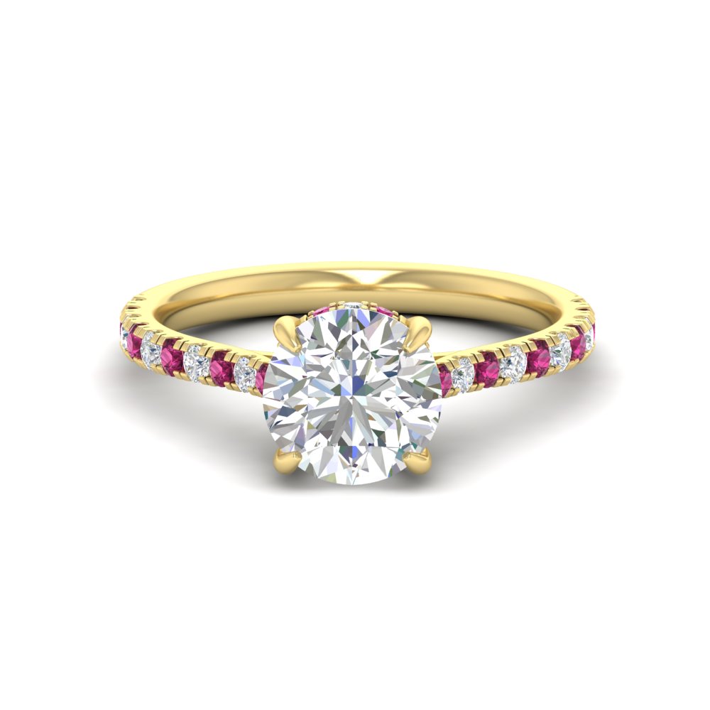 Round Shaped  Hidden Halo Pave Set Diamond Ring with Pink Sapphire 14K Yellow Gold