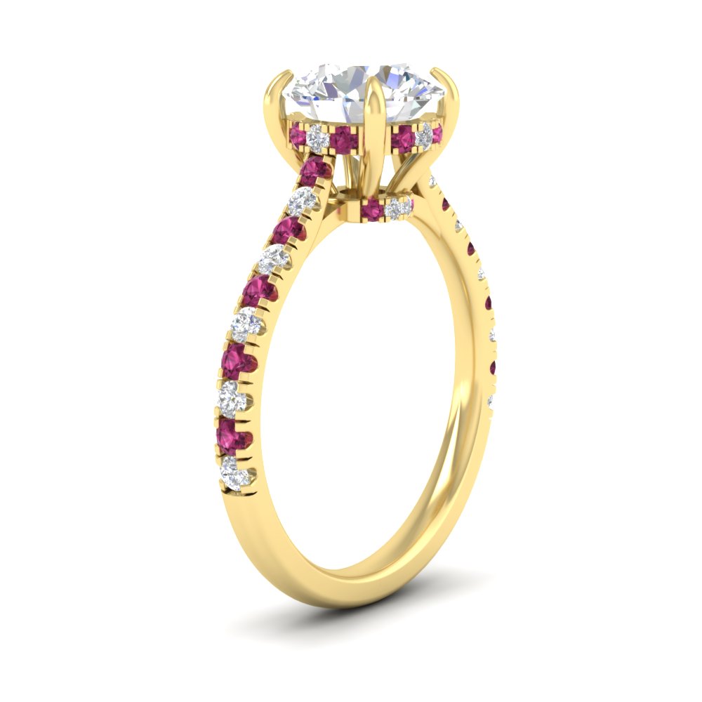 Round Shaped  Hidden Halo Pave Set Diamond Ring with Pink Sapphire 14K Yellow Gold