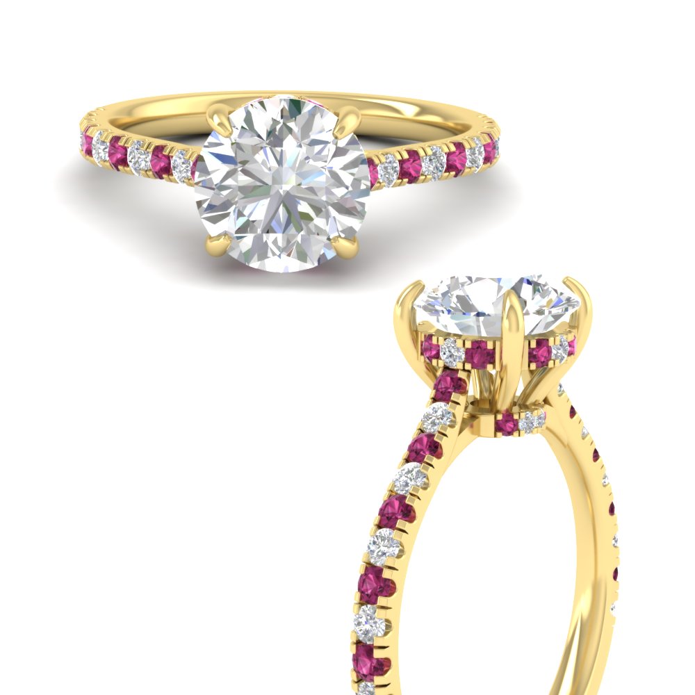 Round Shaped  Hidden Halo Pave Set Diamond Ring with Pink Sapphire 14K Yellow Gold